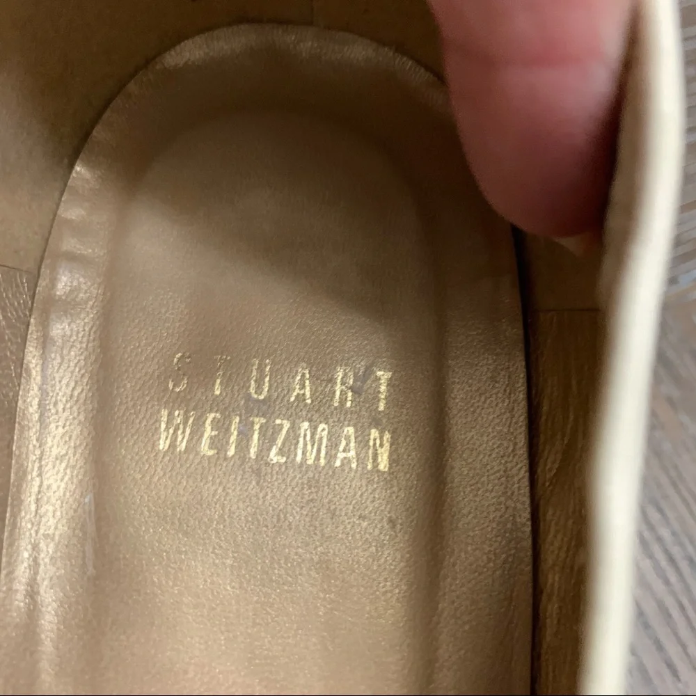 Stuart Weitzman white leather & gold beige low chunk heel pump flat Size 7.5M